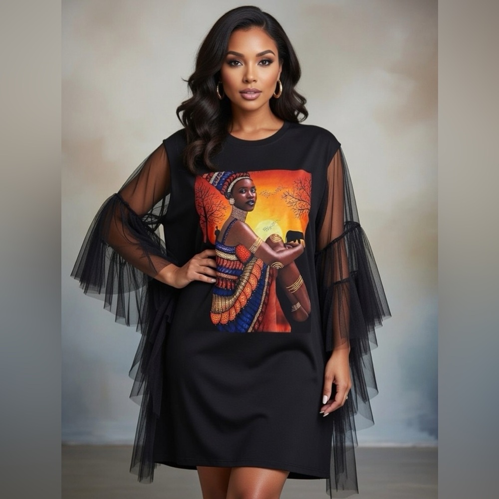 African art design Black Dress with Vibrant Artistic Design NEW